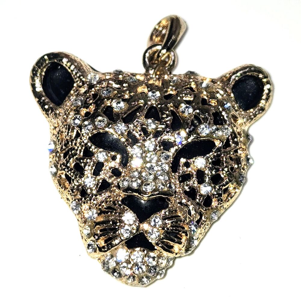 PENDANT Necklace Leopard Golden Tone & Rhinestones Statement Black Back 2x2"